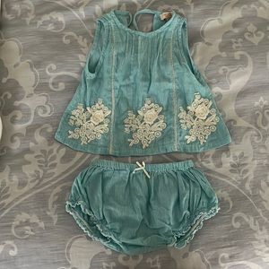 Pink Chicken Turquoise Embroidered Bubble Set 6-12 Months